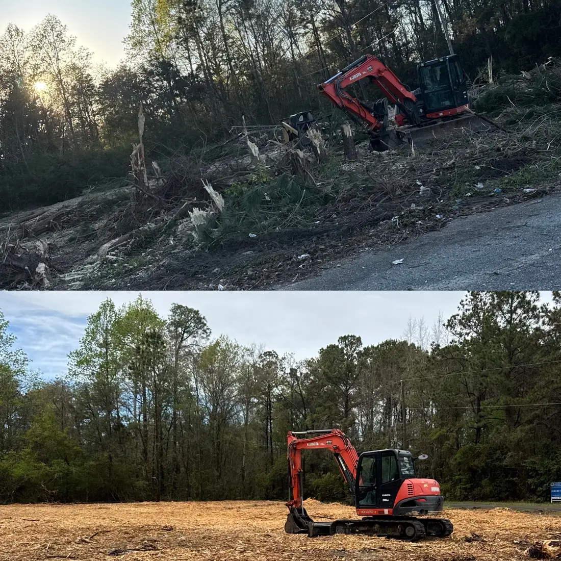 Before and after — storm-damaged slope cleared and graded