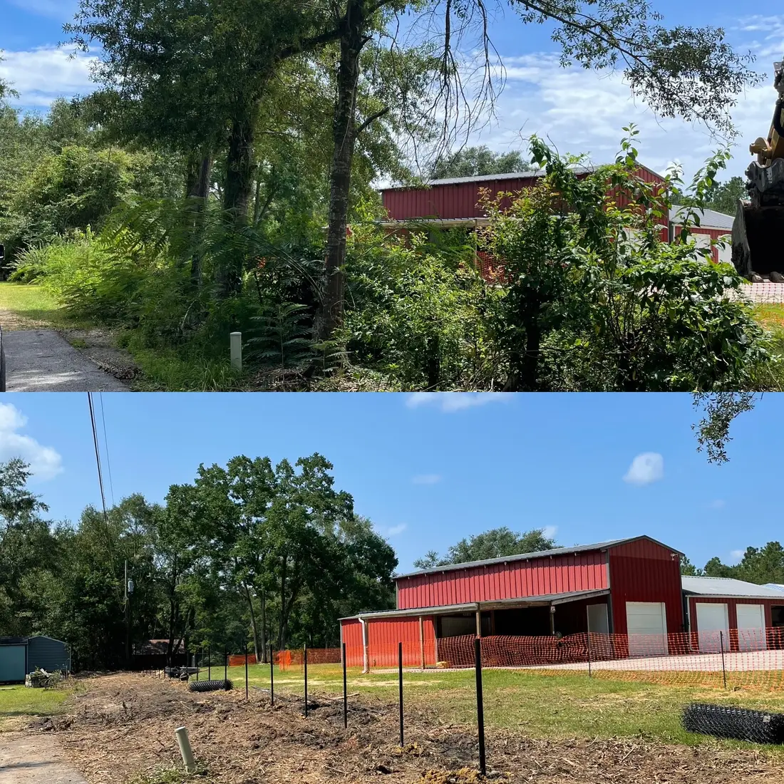 Before and after — overgrown fence line cleared and rebuilt by Clearview