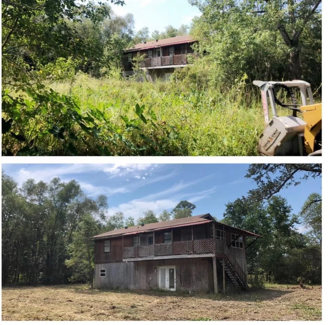 Before and after — overgrown house lot mulched clear