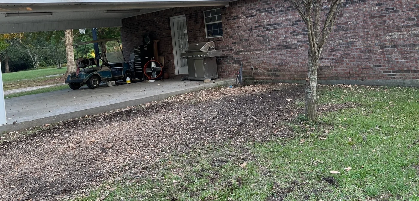 Backyard beside a brick home in Northwest Florida after a large stump was ground out, grindings raked level